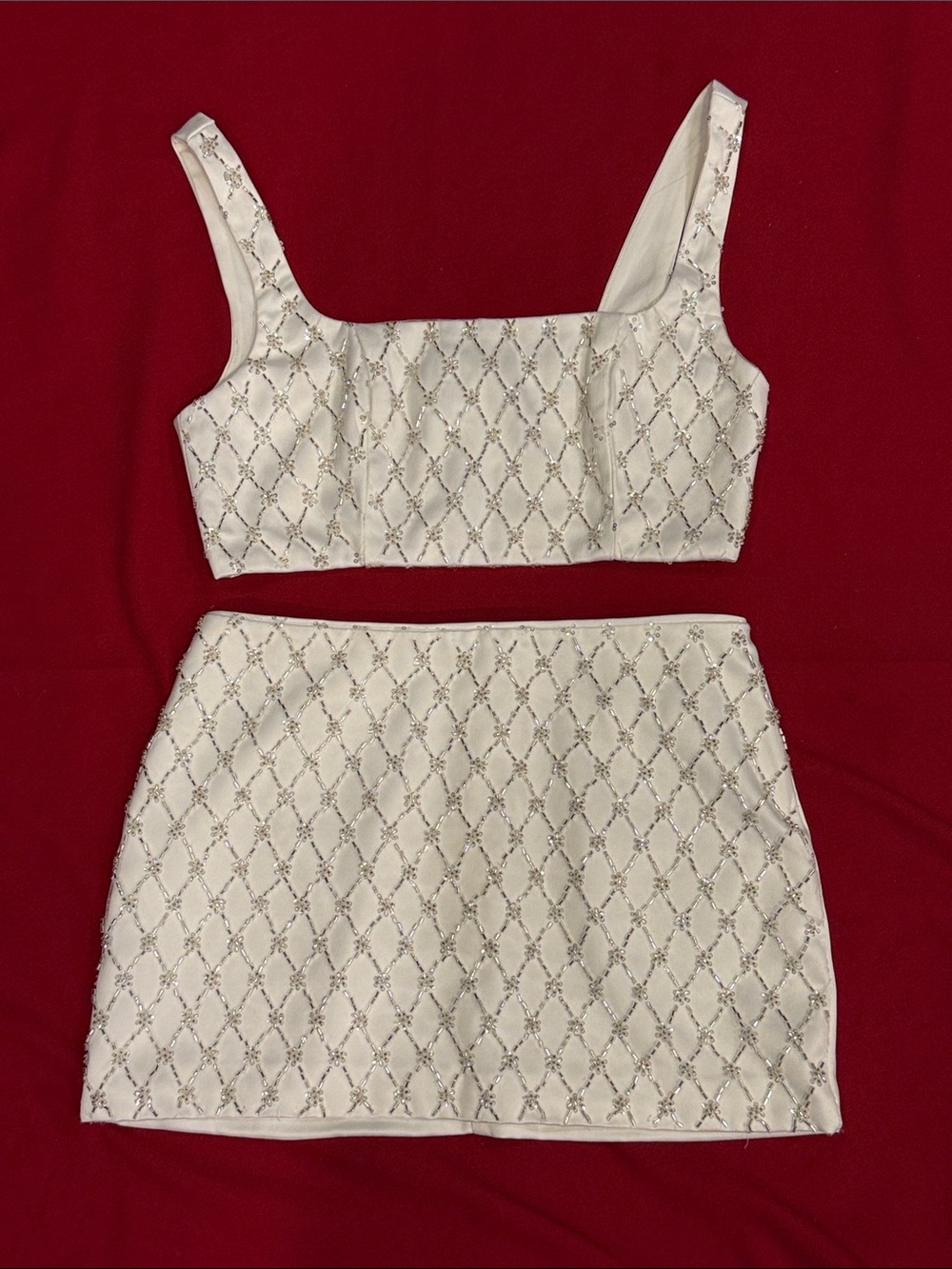 Forever 21 Ivory Beaded Mini Skirt Set